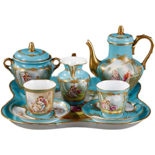 独角鹿西洋古董Samson瓷窑天蓝釉描金洛可可风双人下午茶瓷器套装 商品图4