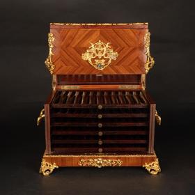 独角鹿西洋古董法国拿破仑三世时细木镶嵌人物陶瓷饰片雪茄收纳盒