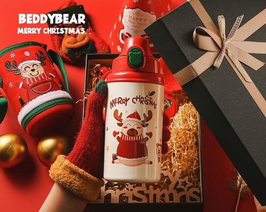 【圣诞礼物】杯具熊圣诞款口袋杯儿童保温杯幼儿园四叶草麋鹿喝水杯带杯套吸管(630ml) 商品图0