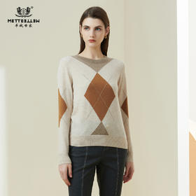 METTE羊绒世家21年新品女士100%山羊绒衫菱形图案圆领套头针织衫