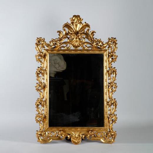 独角鹿西洋古董意大利洛可可风卷草贝壳纹雕刻实木金漆方形挂镜 商品图0