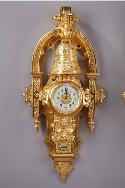 独角鹿西洋古董法国工坊签名教堂主题铜鎏金挂钟及气压计一对 商品图1