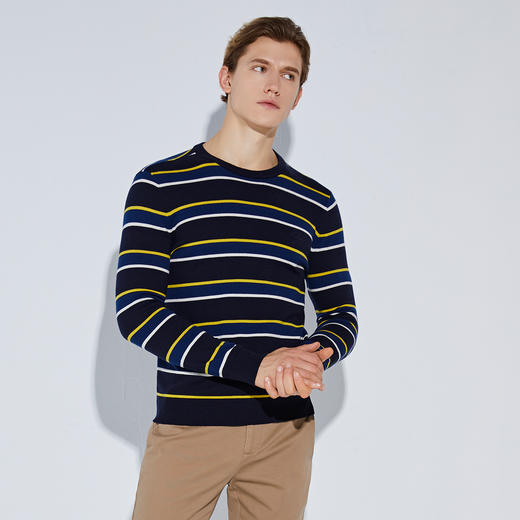 GOOD LUCK德鲨纯羊毛彩色条纹圆领休闲针织毛衫L283219-875 商品图1