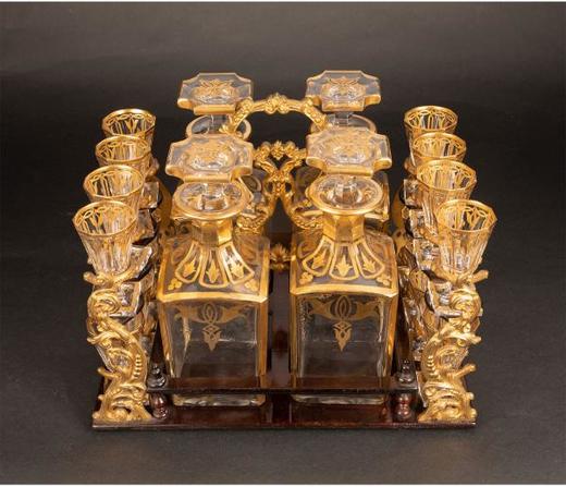 独角鹿西洋古董法国拿破仑三世时布勒镶嵌烈酒箱描金水晶酒具套装 商品图3