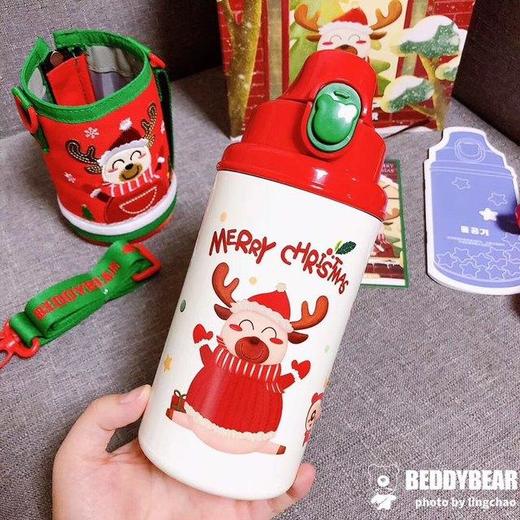 【圣诞礼物】杯具熊圣诞款口袋杯儿童保温杯幼儿园四叶草麋鹿喝水杯带杯套吸管(630ml) 商品图4