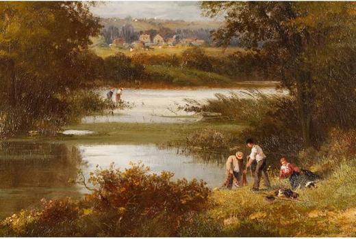 独角鹿西洋古董法国巴比松画派风格L. Leprou签名布面油画林中人 商品图2