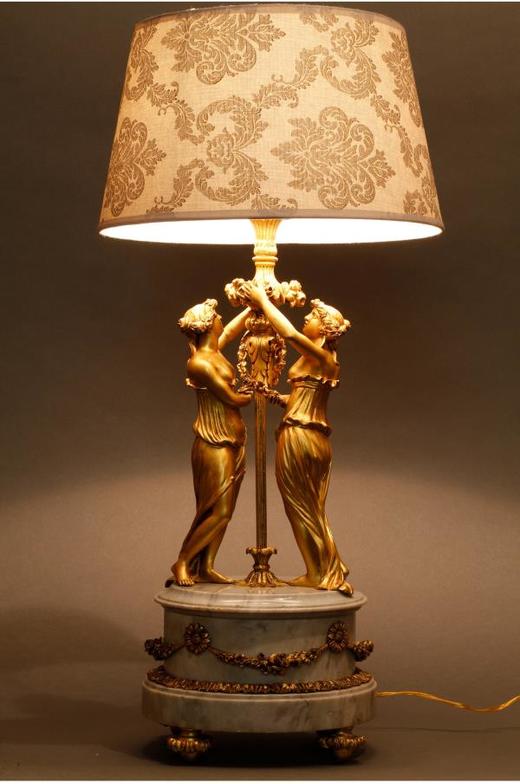 独角鹿西洋古董摆件法国大理石底座铜鎏金花环古典女神装饰台灯 商品图4