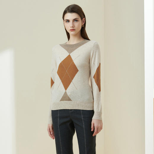 METTE羊绒世家21年新品女士100%山羊绒衫菱形图案圆领套头针织衫 商品图2