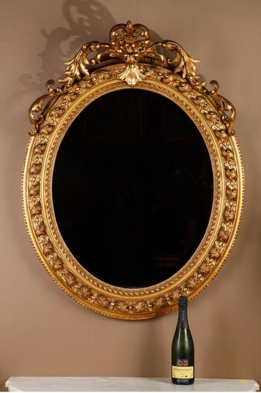 独角鹿西洋古董法国路易十六古典茛苕雕饰木胎灰墁鎏金椭圆形挂镜 商品图1
