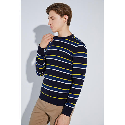 GOOD LUCK德鲨纯羊毛彩色条纹圆领休闲针织毛衫L283219-875 商品图2