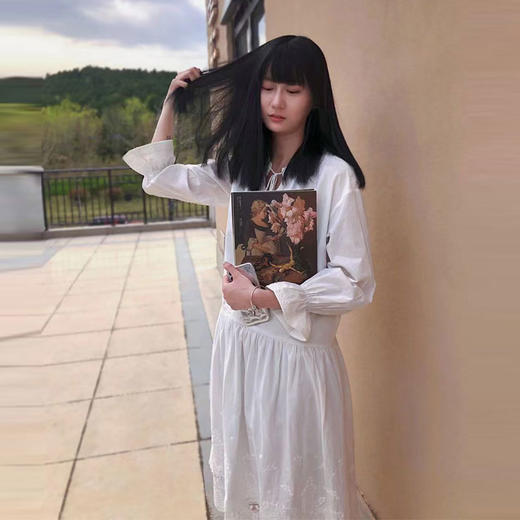 famecoco范可儿连衣裙女V领荷叶袖百褶中长裙F201FA034 商品图0