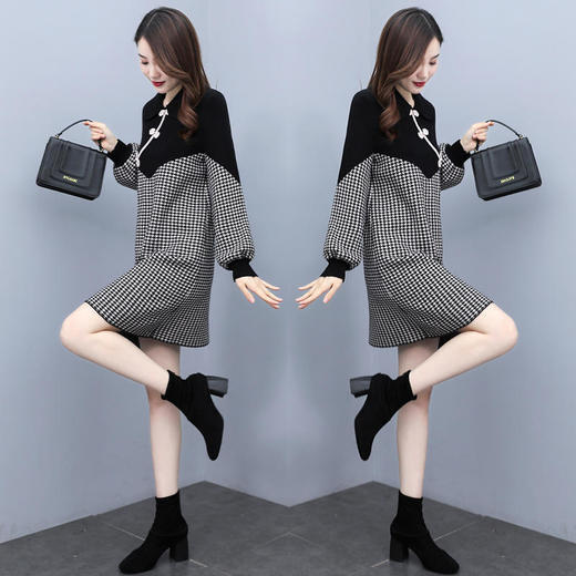 XX2810 2021秋冬时尚新品时尚千鸟格拼接复古盘扣毛针织裙子连衣裙 商品图2