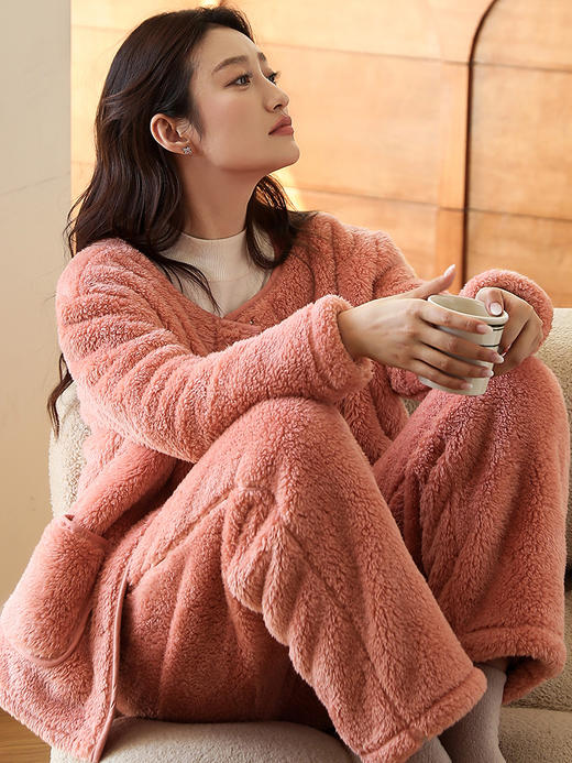 康妮雅女式长袖长裤开襟套装*干玫瑰红 商品图1