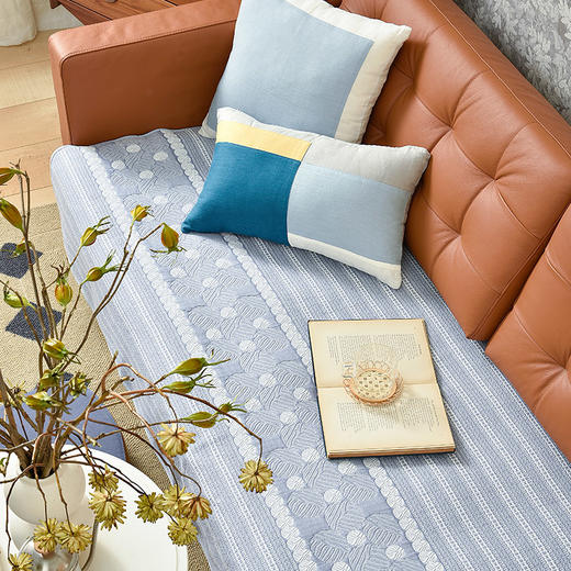 蓝色条纹提花棉麻四季通用素色沙发巾 商品图0