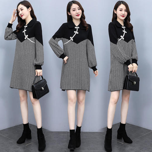 XX2810 2021秋冬时尚新品时尚千鸟格拼接复古盘扣毛针织裙子连衣裙 商品图3