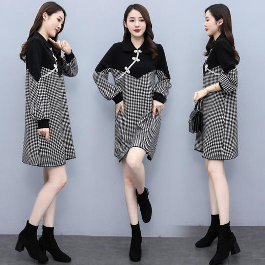 XX2810 2021秋冬时尚新品时尚千鸟格拼接复古盘扣毛针织裙子连衣裙 商品图1