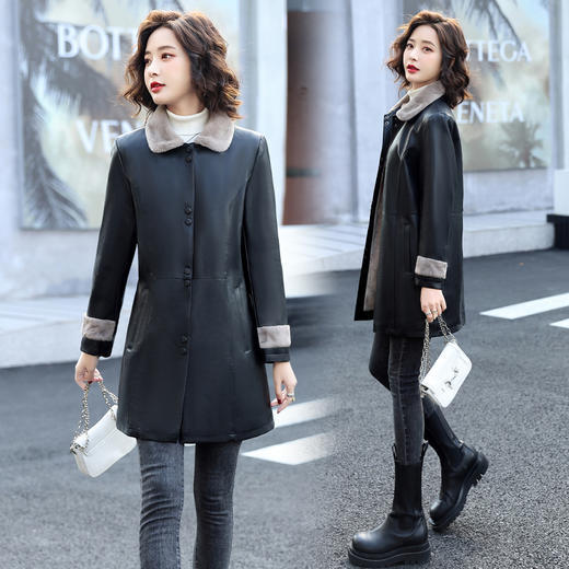 爆款保暖加绒皮衣！中长款皮毛一体拼接皮衣外套HR-YBXCT007 商品图1
