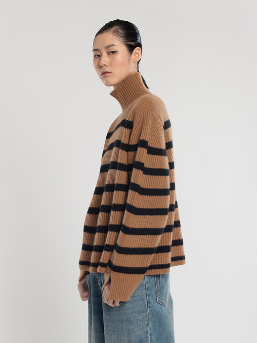 女士2021年新款纯山羊绒三股加厚条纹高领套头衫 商品图3