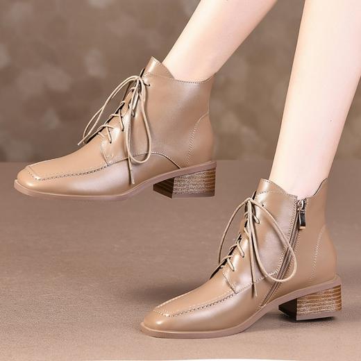 上海旗袍厂TJXY-XF8172    秋冬新款绑带真皮方头低跟骑士靴温柔气质时尚百搭短筒靴 商品图0