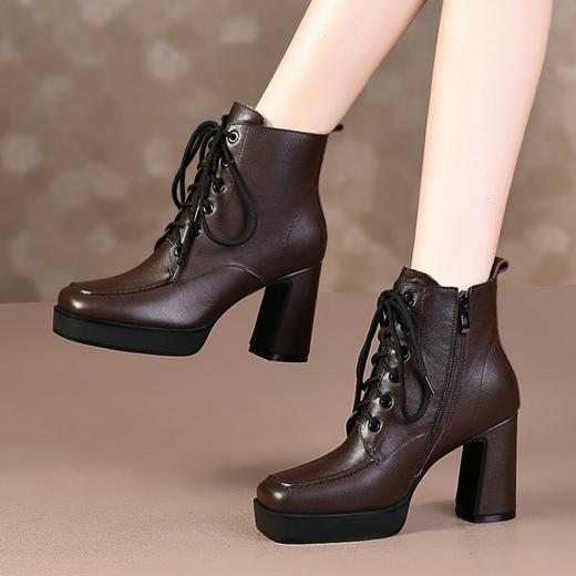 上海旗袍厂TJXY-XF8056    秋冬新款方头粗跟纯色真皮骑士靴防水台舒适百搭短筒靴 商品图0