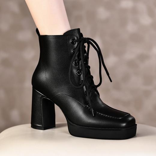 上海旗袍厂TJXY-XF8056    秋冬新款方头粗跟纯色真皮骑士靴防水台舒适百搭短筒靴 商品图5