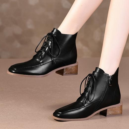 上海旗袍厂TJXY-XF8172    秋冬新款绑带真皮方头低跟骑士靴温柔气质时尚百搭短筒靴 商品图1