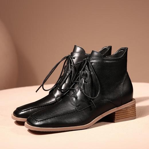 上海旗袍厂TJXY-XF8172    秋冬新款绑带真皮方头低跟骑士靴温柔气质时尚百搭短筒靴 商品图7