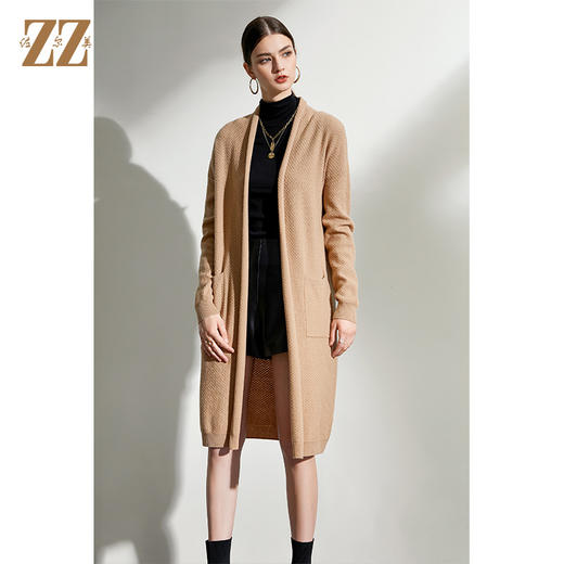 佐尔美2021冬季新款 卡其色绿色长袖中长羊毛衫开衫外套女E04MS05 商品图0