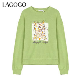 Lagogo拉谷谷2021冬季新款绿色圆领卫衣女设计感小众套头上衣无帽KCEE41XA02