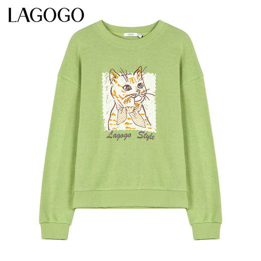 Lagogo拉谷谷2021冬季新款绿色圆领卫衣女设计感小众套头上衣无帽KCEE41XA02 商品图0