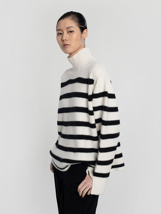 女士2021年新款纯山羊绒三股加厚条纹高领套头衫 商品图1