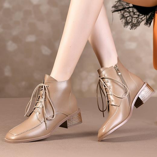 上海旗袍厂TJXY-XF8172    秋冬新款绑带真皮方头低跟骑士靴温柔气质时尚百搭短筒靴 商品图2
