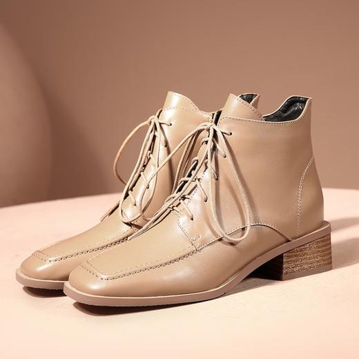 上海旗袍厂TJXY-XF8172    秋冬新款绑带真皮方头低跟骑士靴温柔气质时尚百搭短筒靴 商品图4