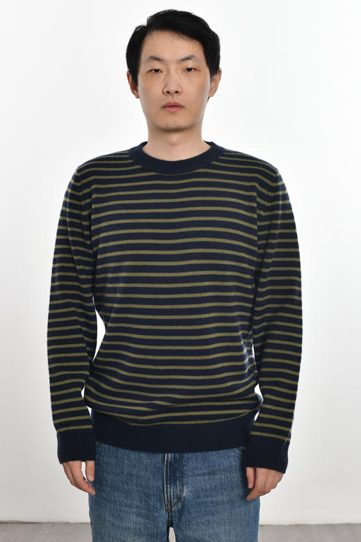 男士2021年新款纯山羊绒圆领加厚条纹套头衫 商品图0