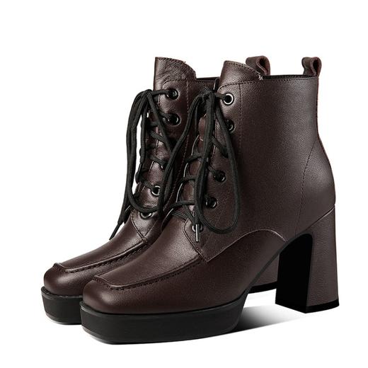 上海旗袍厂TJXY-XF8056    秋冬新款方头粗跟纯色真皮骑士靴防水台舒适百搭短筒靴 商品图6