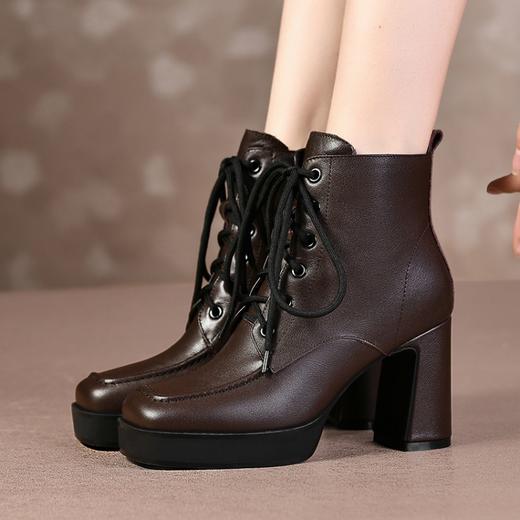 上海旗袍厂TJXY-XF8056    秋冬新款方头粗跟纯色真皮骑士靴防水台舒适百搭短筒靴 商品图2