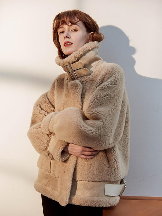 皮毛一体外套女秋冬短款颗粒羊剪绒机车羊羔毛皮草大衣 商品图0