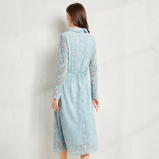 丁摩 秋款小翻领进口羽毛纱蕾丝系带连衣裙大码女装洋气遮肚子裙子Q121188 商品图4