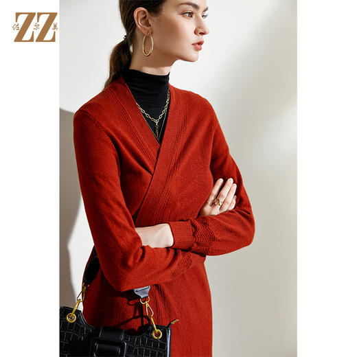 佐尔美2021冬季新款 蓝色红色长袖中长羊毛衫开衫外套女E04MS06 商品图0