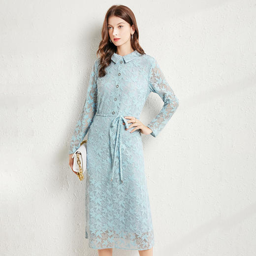 丁摩 秋款小翻领进口羽毛纱蕾丝系带连衣裙大码女装洋气遮肚子裙子Q121188 商品图2