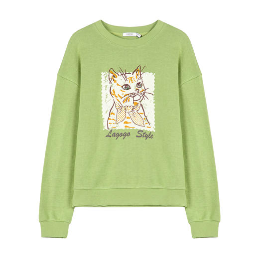 Lagogo拉谷谷2021冬季新款绿色圆领卫衣女设计感小众套头上衣无帽KCEE41XA02 商品图4