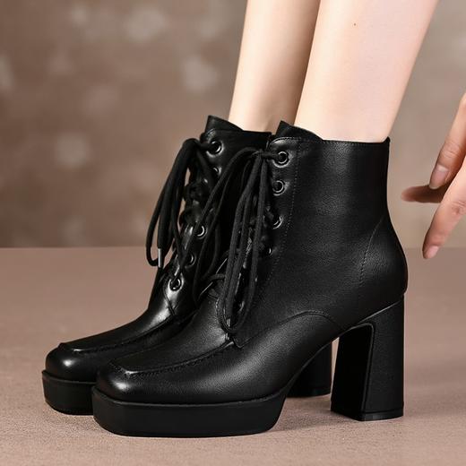 上海旗袍厂TJXY-XF8056    秋冬新款方头粗跟纯色真皮骑士靴防水台舒适百搭短筒靴 商品图4