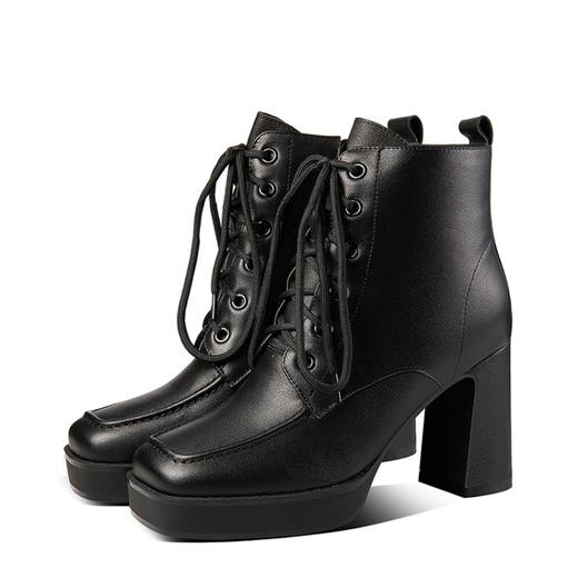 上海旗袍厂TJXY-XF8056    秋冬新款方头粗跟纯色真皮骑士靴防水台舒适百搭短筒靴 商品图7