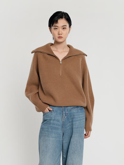 女士2021年新款纯山羊绒三股加厚拉链翻领套头衫 商品图0