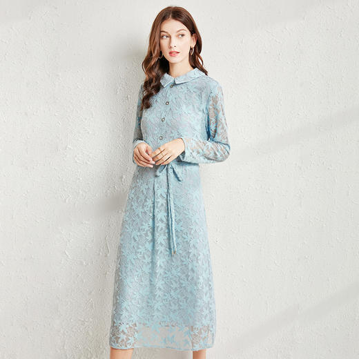 丁摩 秋款小翻领进口羽毛纱蕾丝系带连衣裙大码女装洋气遮肚子裙子Q121188 商品图3