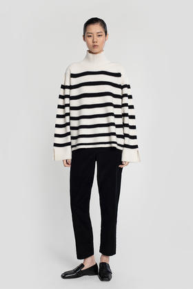 女士2021年新款纯山羊绒三股加厚条纹高领套头衫