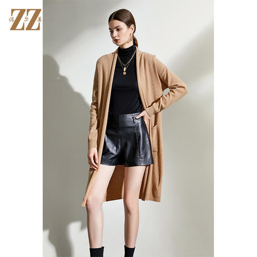 佐尔美2021冬季新款 卡其色绿色长袖中长羊毛衫开衫外套女E04MS05 商品图4