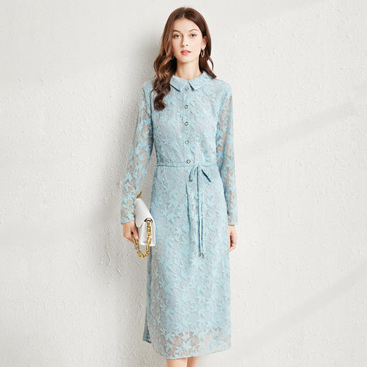 丁摩 秋款小翻领进口羽毛纱蕾丝系带连衣裙大码女装洋气遮肚子裙子Q121188 商品图0