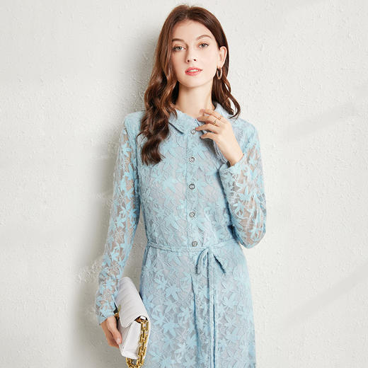 丁摩 秋款小翻领进口羽毛纱蕾丝系带连衣裙大码女装洋气遮肚子裙子Q121188 商品图5