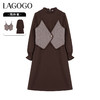 Lagogo拉谷谷2021冬季新款咖啡色泡泡袖连衣裙两件套女a字中长裙KCLL83XA25 商品缩略图0